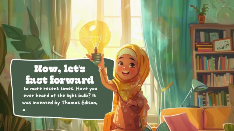 An animated illustration showing a figure in a yellow hijab holding up a glowing light bulb in a cozy room with bookshelves and plants. A text box reads "Now, let's fast forward to more recent times. Have you ever heard of the light bulb? It was invented by Thomas Edison, a"