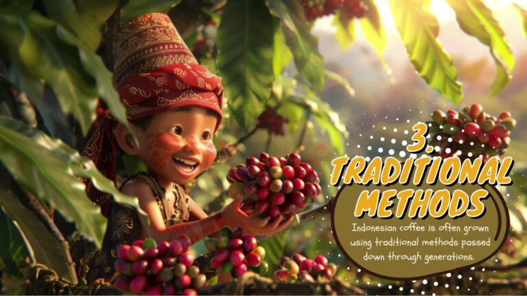A cheerful animated character in traditional Indonesian clothing and headwear harvests ripe coffee cherries from a coffee plant. Text overlay reads "3. TRADITIONAL METHODS - Indonesian coffee is often grown using traditional methods passed down through generations."