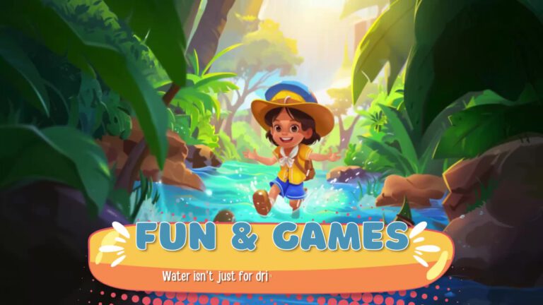 Animated scene showing a young cartoon explorer in a yellow vest and brown hat splashing through a turquoise stream in a lush jungle setting. Text below reads "FUN & GAMES - Water isn't just for drinking"