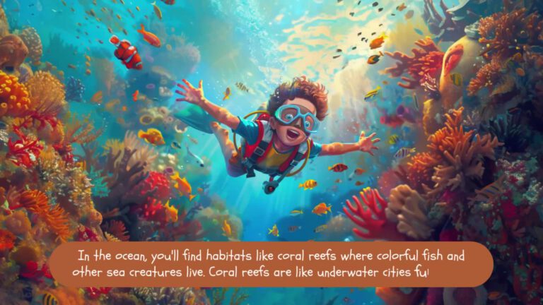 A joyful scuba diver spreads their arms wide while swimming through a vibrant coral reef. The underwater scene is filled with colorful tropical fish, bright orange and red coral formations, and sunlight streaming through turquoise waters. Text at bottom reads "In the ocean, you'll find habitats like coral reefs where colorful fish and other sea creatures live. Coral reefs are like underwater cities ful"