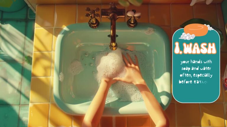 Hands washing in a mint green sink with soapy water, next to a teal hygiene reminder sign that reads "1. WASH your hands with soap and water often, especially before eating"