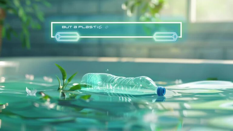 An empty plastic water bottle floating in turquoise water with small green plants growing nearby. Text overlay reads "BUT a PLASTIC" with geometric design elements in a neon style.
