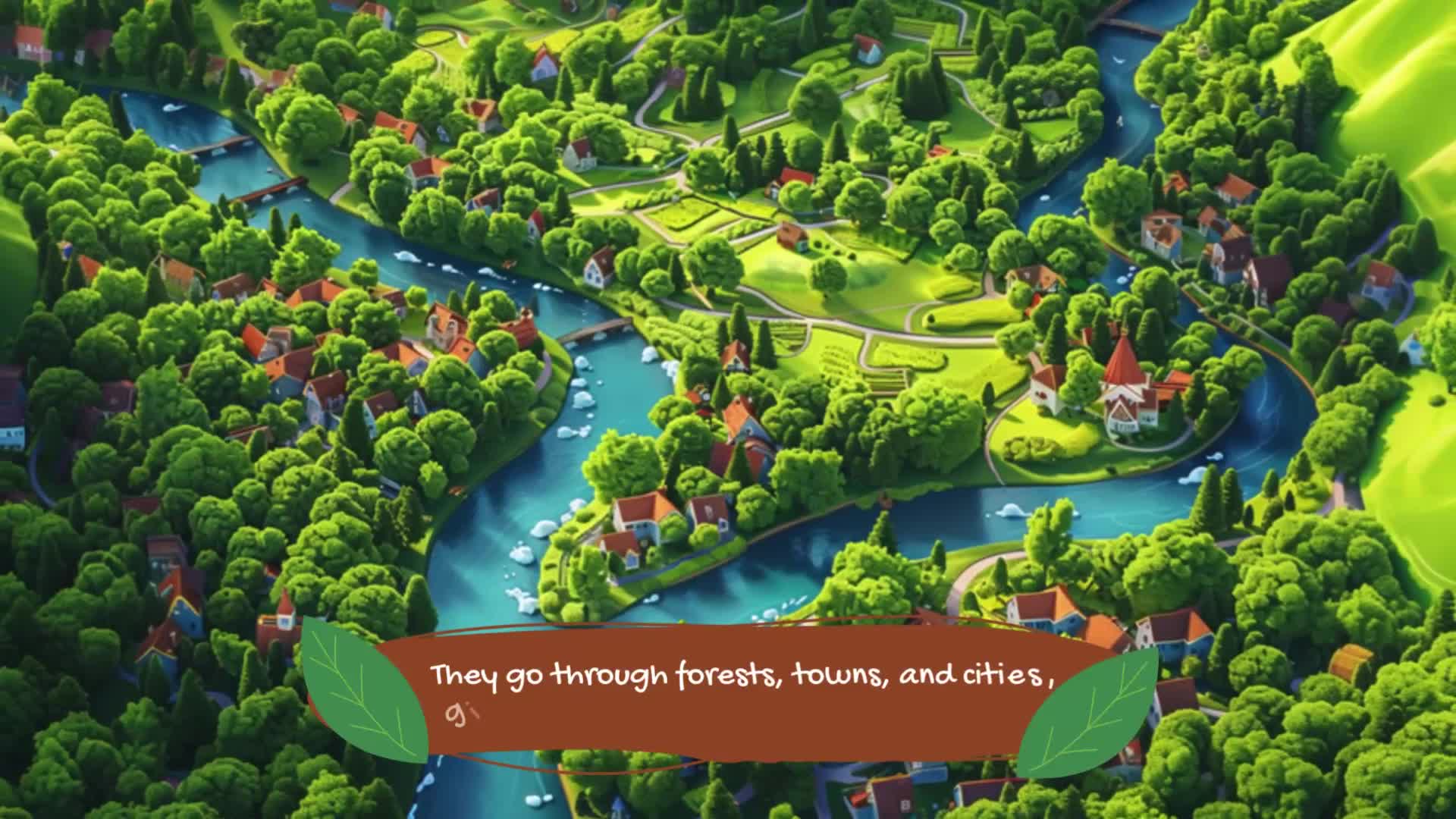 Aerial view of a lush green landscape with winding blue rivers, small houses with red roofs scattered throughout, and dense forest areas. Text banner reads "They go through forests, towns, and cities" with decorative leaf elements.