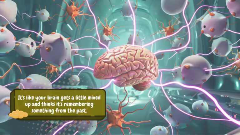 3D illustration of a human brain surrounded by neurons and synapses with glowing pink connections on a teal background. Text overlay reads "It's like your brain gets a little mixed up and thinks it's remembering something from the past."