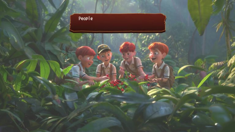 Four animated characters with red hair in similar school uniforms gather around red berries in a lush jungle setting, with a brown title banner reading "People" at the top of the image
