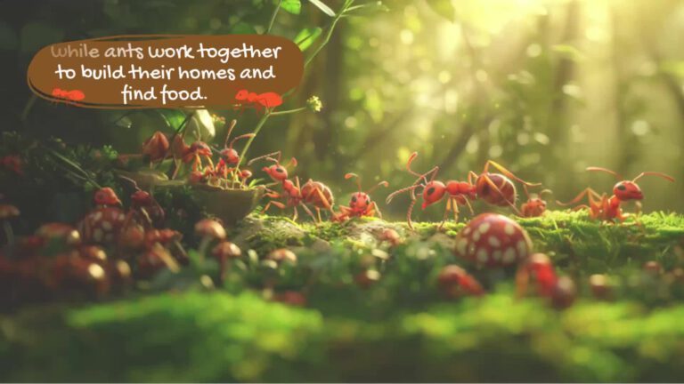 A whimsical forest scene showing red ants working together among spotted mushrooms and moss, with sunlit greenery in the background. Text above reads "While ants work together to build their homes and find food."