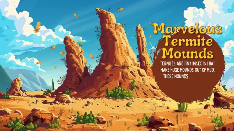 Illustration of tall, orange termite mounds rising from a desert landscape with cacti and desert plants scattered around. The sky is bright blue with white clouds, and flying termites can be seen in the air. Text reads "Marvelous Termite Mounds" with additional descriptive text in a brown circular overlay.