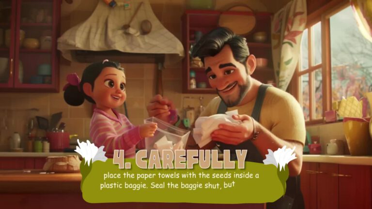 An animated scene showing two characters in a cozy kitchen placing paper towels with seeds into a plastic bag. Text at bottom reads "4. CAREFULLY place the paper towels with the seeds inside a plastic baggie. Seal the baggie shut, but". The kitchen has warm lighting and wooden cabinets with red accents.