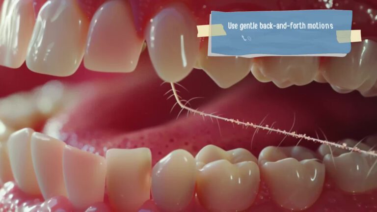 Dental floss being used between teeth with text overlay reading "Use gentle back-and-forth motions", showing proper flossing technique in close-up view of teeth and gums