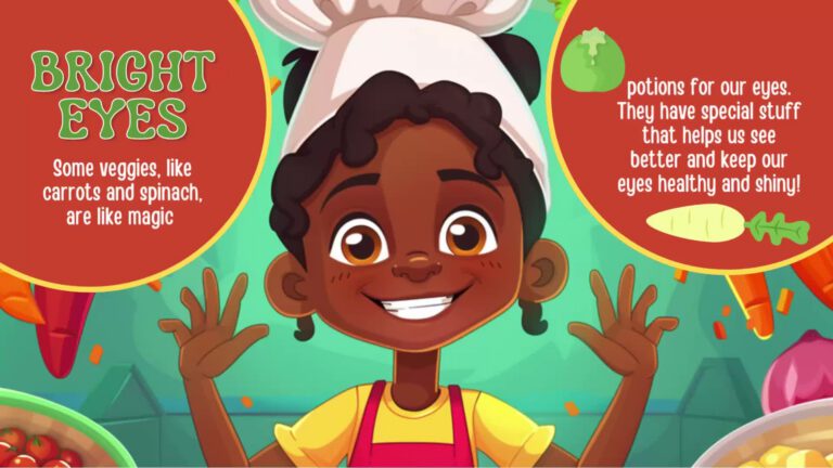 Cartoon illustration about eye health with text "Bright Eyes" explaining how vegetables like carrots and spinach help vision. Colorful background with floating vegetables and a smiling animated character wearing a chef's hat and yellow shirt with red apron.