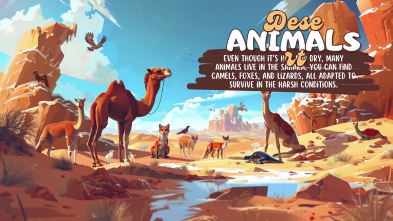 An illustrated desert landscape showing various Saharan animals including camels, foxes, and a lizard gathered around a water pool, with orange rock formations and mountains in the background. A bird soars overhead in a bright blue sky. Text overlay reads "Desert Animals" and describes how these creatures have adapted to survive in harsh conditions.