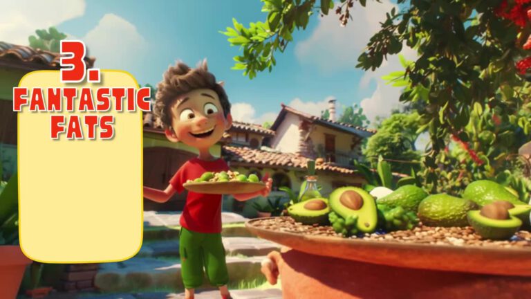Animated scene showing a young boy in a red shirt and green pants holding a plate of food, standing near fresh avocados in a sunny Mediterranean-style courtyard. Text reads "3. FANTASTIC FATS" in red letters on a yellow rectangular background.