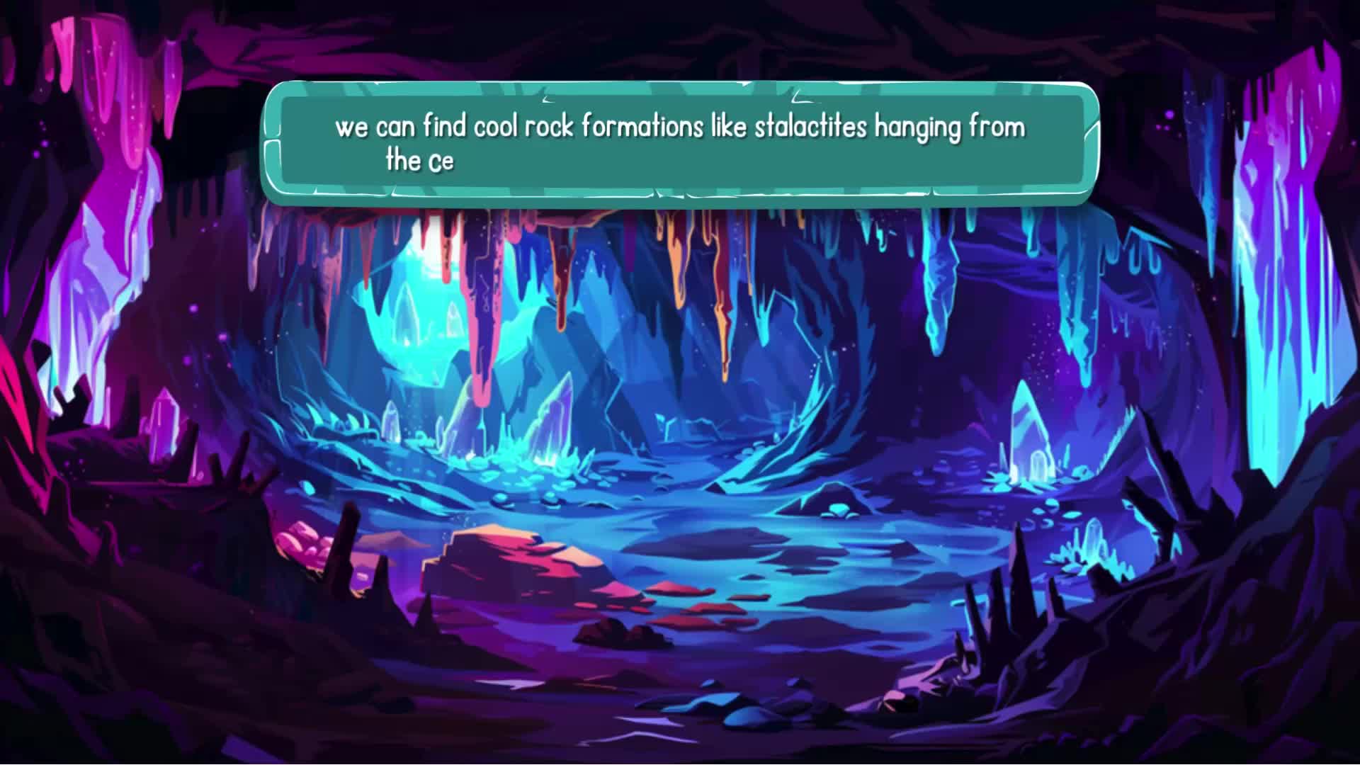 Vibrant fantasy cave scene with glowing blue crystals and stalactites, illuminated in neon purple and blue colors. Text overlay reads "we can find cool rock formations like stalactites hanging from the ce"