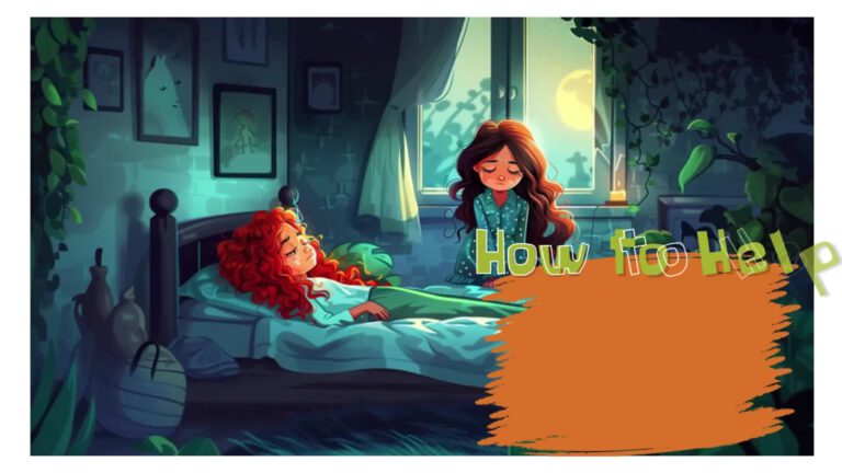 Animated illustration showing two girls in a moonlit bedroom - one with curly red hair sleeping in bed, another in a polka dot dress sitting nearby. Framed artwork on walls, plants around the room, and "How to Help" text visible in green letters.