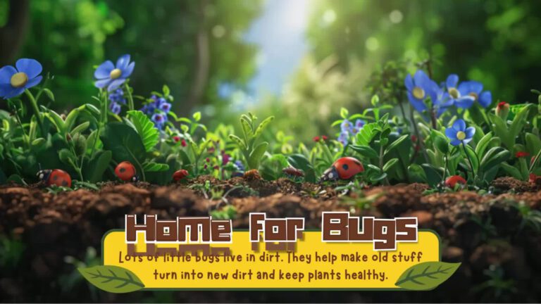 Garden scene with ladybugs crawling on soil beneath blue flowers and green plants, with text banner reading "Home For Bugs" and explaining how small bugs in dirt help decompose matter and maintain plant health