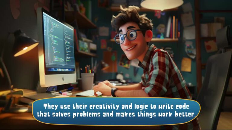 A 3D animated scene showing a young programmer in glasses and a plaid shirt working at an iMac computer displaying code. Text below reads "They use their creativity and logic to write code that solves problems and makes things work better."