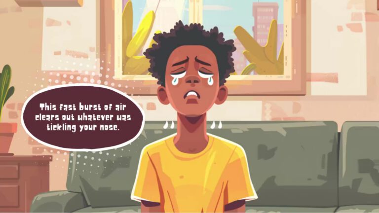 Cartoon illustration of a crying figure in a yellow t-shirt with curly black hair, with tears streaming down their face. A speech bubble reads "This fast burst of air clears out whatever was tickling your nose." The background shows a living room setting with a window and plants.