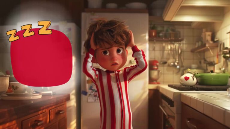 An animated young boy in red and white striped pajamas looking distressed and holding his head in a kitchen setting, with a red speech bubble containing "ZZZ" floating nearby