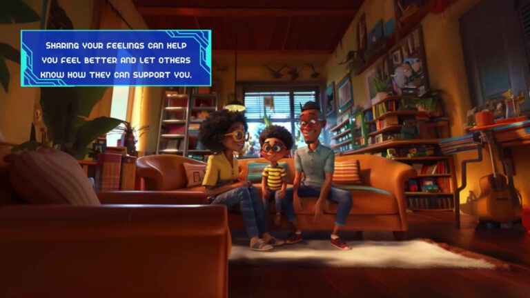 Animated scene showing three characters sitting on a brown couch in a cozy living room filled with bookshelves, plants, and personal decorations. A blue text box above reads "Sharing your feelings can help you feel better and let others know how they can support you."
