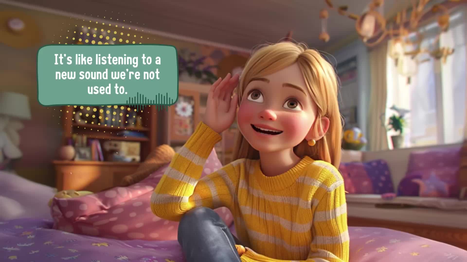 A 3D animated character wearing a yellow and white striped sweater sits on a purple bed, hand cupped to ear, with a speech bubble saying "It's like listening to a new sound we're not used to." The bedroom scene features warm lighting and decorative elements in the background.