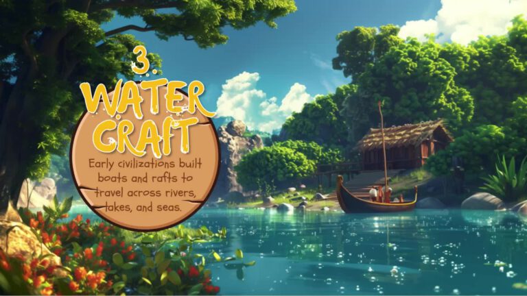 Illustrated scene showing "Water Craft" title with text explaining early civilizations' boat usage. Depicts serene waterfront with traditional wooden boat on sparkling blue water, lush green trees, colorful flowers, and small wooden hut on shore under bright blue sky with white clouds.