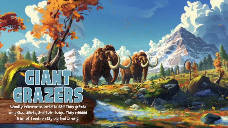 A colorful illustration showing three woolly mammoths walking through an autumn landscape with snow-capped mountains in the background. Orange-leaved trees and evergreens dot the terrain. Text reads "GIANT GRAZERS" with information about mammoths' eating habits.