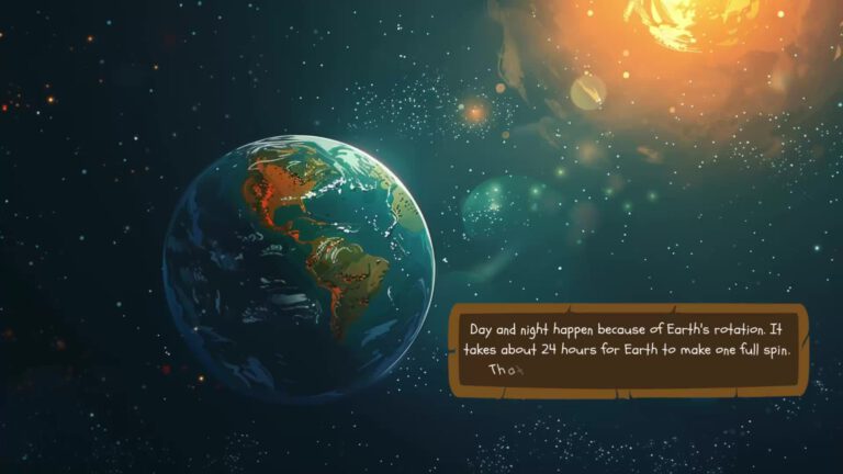 Illustration of Earth from space showing the Americas, with a bright sun in the background and stars scattered throughout. A text box explains that day and night occur due to Earth's 24-hour rotation period.