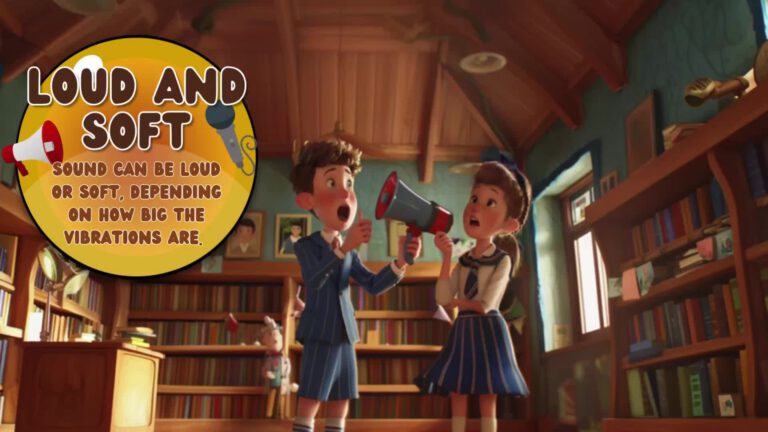 Animated scene in a library showing two students in school uniforms holding megaphones, with a yellow circular overlay explaining "Loud and Soft: Sound can be loud or soft, depending on how big the vibrations are"