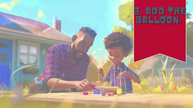 3D animated scene showing a father and son working together on a project outdoors, with colorful toys or parts spread on a wooden surface. Text in the upper right corner reads "3. ADD THE BALLOON" against a red background.
