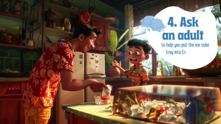 Animated scene showing a child and adult in a kitchen wearing colorful Hawaiian shirts, with the adult helping put ice in a glass. A speech bubble reads "4. Ask an adult to help you put the ice cube tray into th"