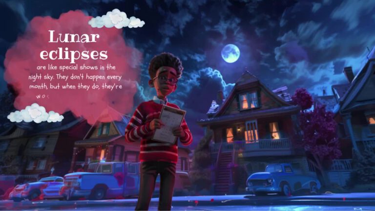 An animated nighttime scene showing a young person in a red striped sweater holding a notebook, standing on a residential street with vintage cars parked alongside houses. A bright blue moon glows in the dark cloudy sky, with text about lunar eclipses appearing in a pink cloud formation. The houses have warmly lit windows and the overall scene has a magical, dreamlike quality with purple and blue tones.