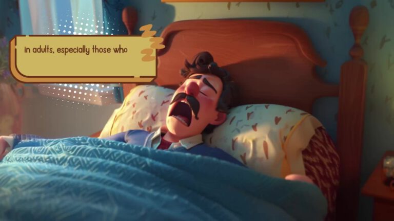 3D animated character yawning while lying in bed with patterned pillows and a blue blanket. A text bubble above reads "in adults, especially those who"