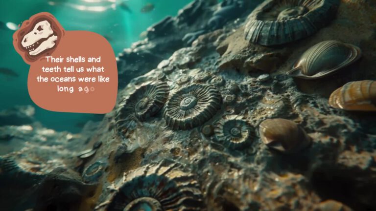 Underwater photograph of fossilized ammonite shells embedded in rock, with a text bubble containing a dinosaur skull icon and the message "Their shells and teeth tell us what the oceans were like long ago"