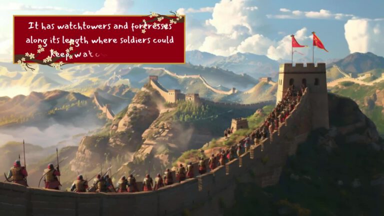 A majestic view of the Great Wall of China stretching across misty mountains, with watchtowers visible along its length. Soldiers in traditional armor line the wall, leading up to a fortress tower with red flags. Text overlay reads "It has watchtowers and fortresses along its length where soldiers could keep watch."