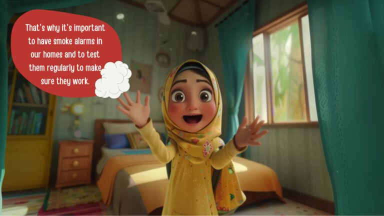 Animated character wearing a yellow floral hijab and dress explaining the importance of having and testing smoke alarms, with text bubble displaying the message against a bedroom backdrop