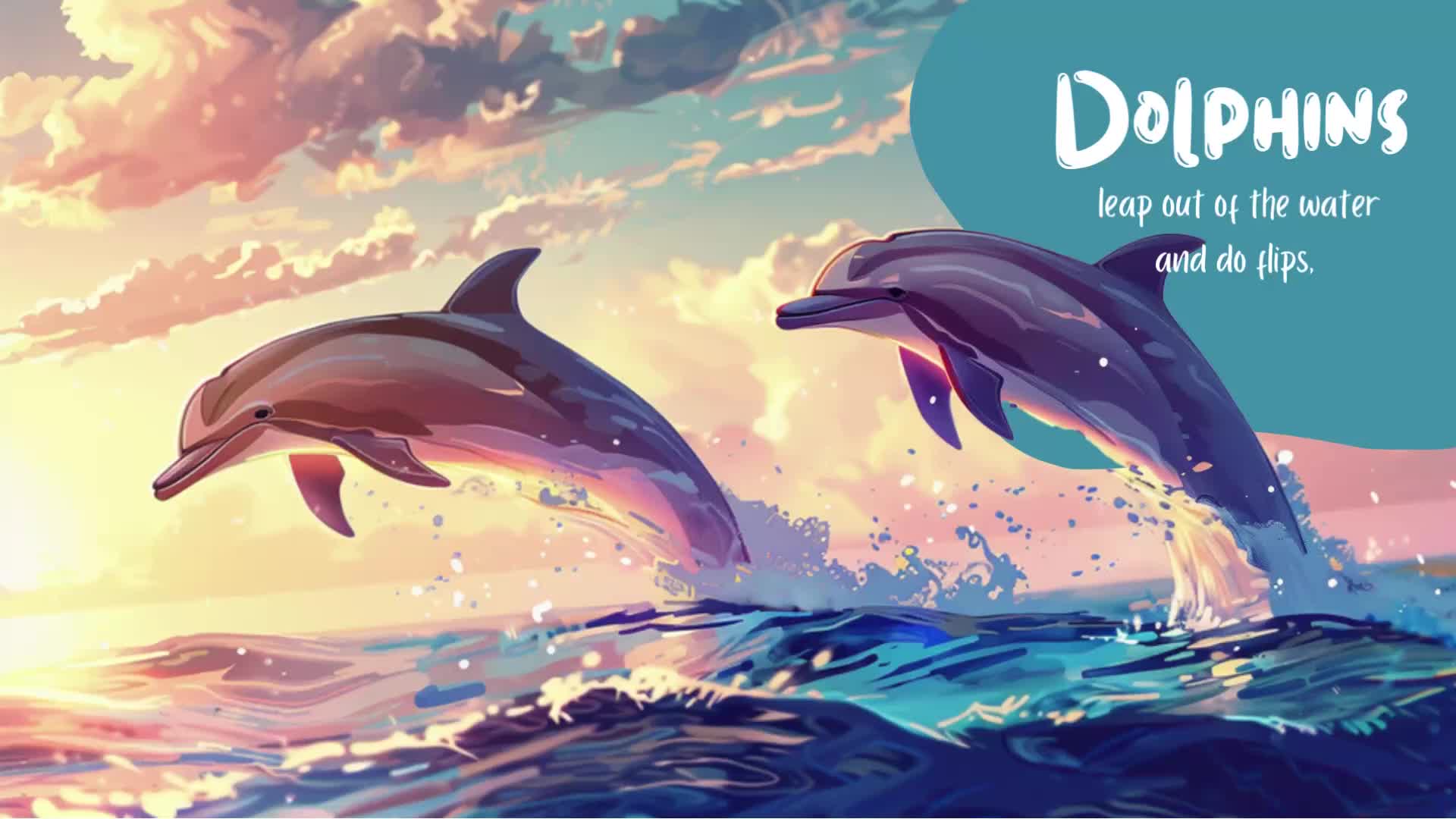 Digital illustration of two dolphins leaping gracefully out of turquoise ocean waters against a sunset sky with pink and orange clouds. Text reads "DOLPHINS leap out of the water and do flips."