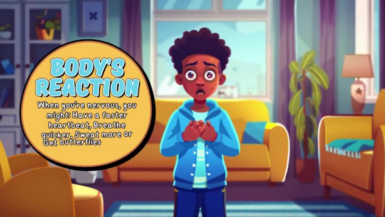 Animated illustration showing a young child in a blue hoodie looking anxious in a living room setting, with an information bubble titled "BODY'S REACTION" explaining physical symptoms of nervousness like faster heartbeat, quick breathing, sweating, and butterflies