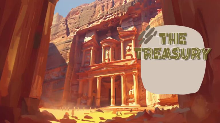 The Treasury building at Petra, Jordan, carved into rose-colored rock, with its iconic classical facade illuminated by sunlight. Text overlay reads "THE TREASURY" in a stylized font on a light circular background.