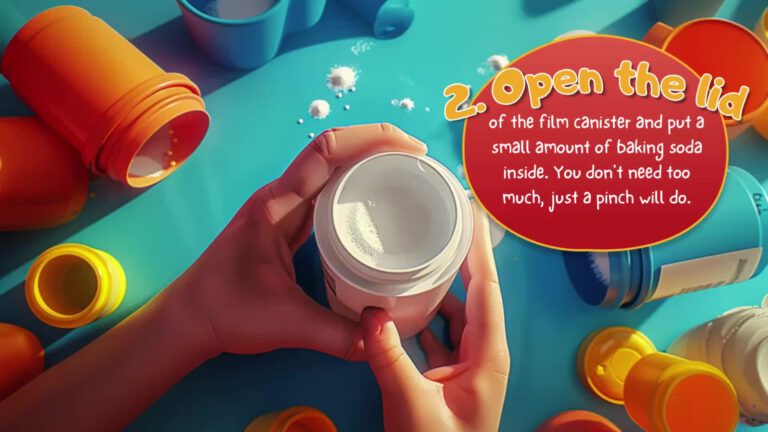Step 2 of an instruction guide shows hands adding a small amount of baking soda to an open film canister, with scattered orange and yellow containers on a turquoise surface. A red text bubble explains "Open the lid of the film canister and put a small amount of baking soda inside. You don't need too much, just a pinch will do."