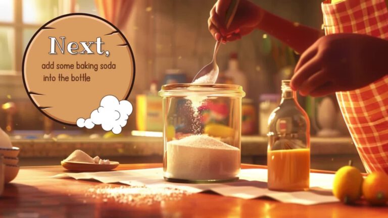 Hands sprinkling baking soda into a glass jar, with a brown speech bubble saying "Next, add some baking soda into the bottle". Scene set in warm, sunlit kitchen with bottles and lemons on counter.