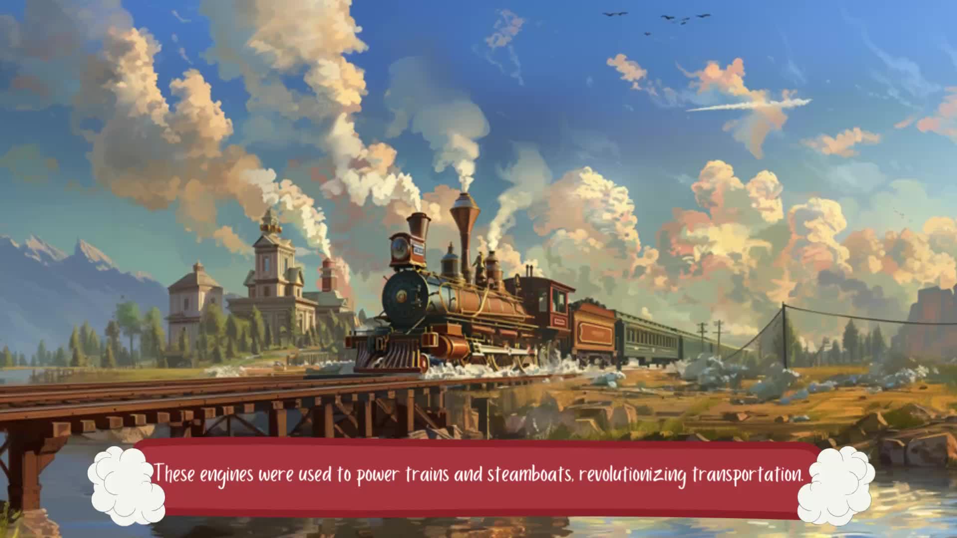 A vintage steam locomotive travels across a wooden bridge with passenger cars in tow, billowing white steam. In the background, a church or station building with towers stands against a dramatic sky filled with golden clouds. Mountains and trees are visible in the distance. The scene is rendered in a painterly, artistic style. Text at bottom reads "These engines were used to power trains and steamboats, revolutionizing transportation."