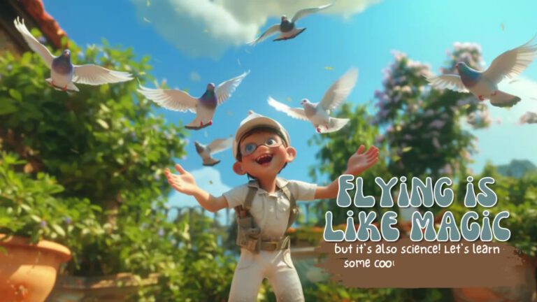 An animated child in a light-colored uniform and cap stands with arms outstretched as white doves fly overhead against a bright blue sky. Text reads "FLYING IS LIKE MAGIC but it's also science! Let's learn some cool"