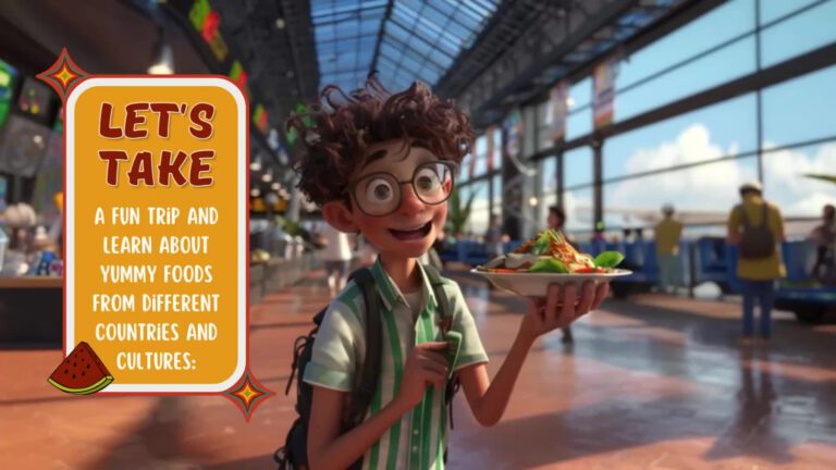 Animated character with curly hair and glasses holding a plate of food in a bright indoor space, with text overlay reading "LET'S TAKE a fun trip and learn about yummy foods from different countries and cultures" alongside a watermelon icon