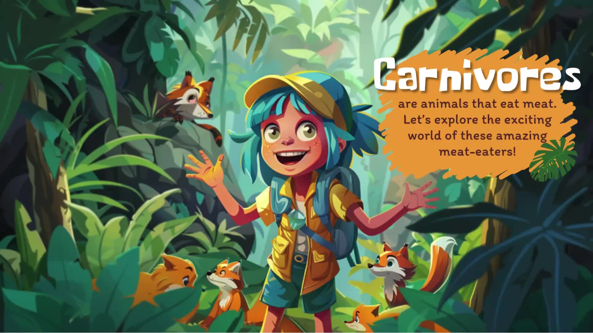An animated scene showing a cartoon explorer with blue hair in a yellow vest and cap, surrounded by curious foxes in a lush jungle setting. Text reads "Carnivores are animals that eat meat. Let's explore the exciting world of these amazing meat-eaters!"