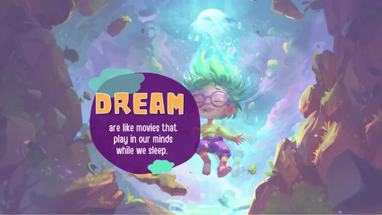 Colorful illustration showing a cartoon character with turquoise hair and glasses floating in a dreamy purple and blue atmosphere, with text reading "DREAM are like movies that play in our minds while we sleep."