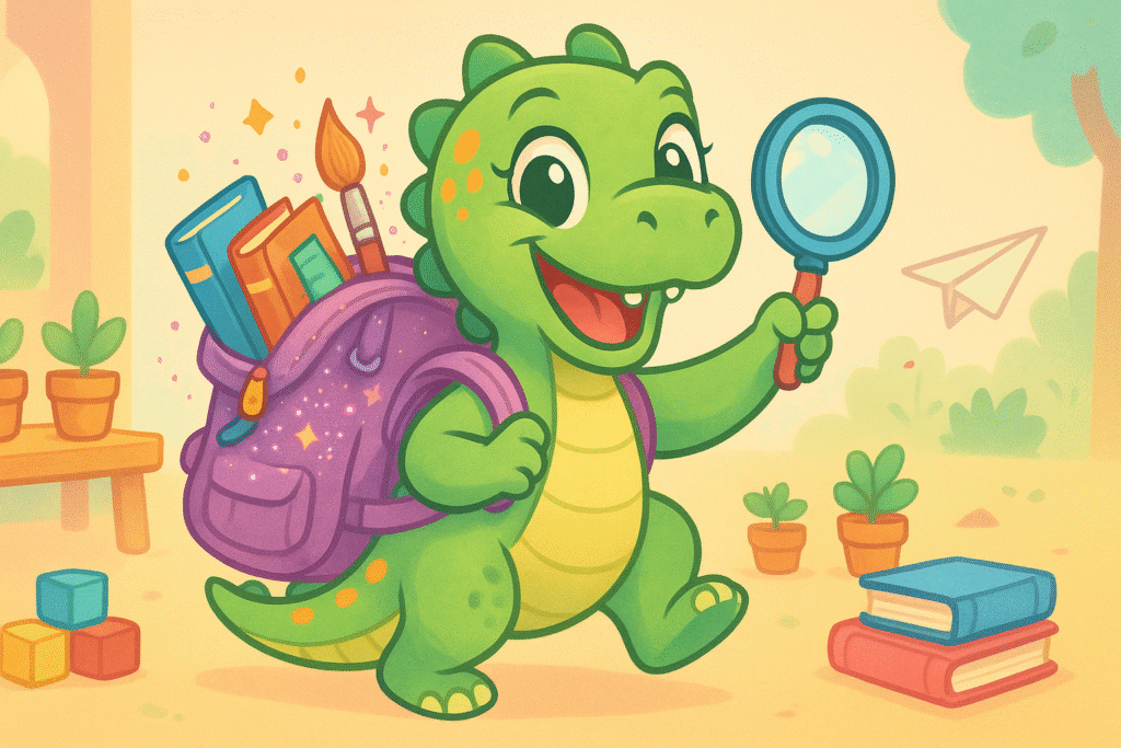 A cheerful cartoon dinosaur carrying a purple sparkly backpack filled with books and art supplies, holding a magnifying glass. The scene includes potted plants, building blocks, and books in a warm-colored background.