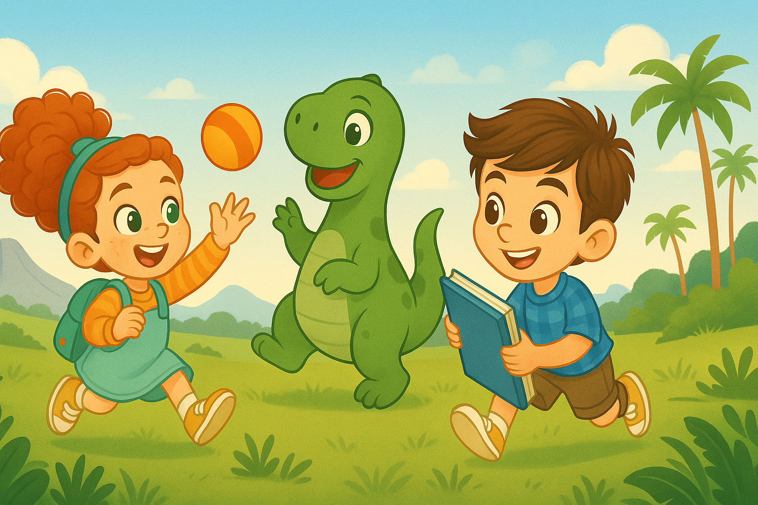 Cartoon illustration of two children playing outdoors with a friendly green dinosaur. One child tosses an orange ball while wearing a backpack, and the other carries a blue book. The scene features palm trees and rolling hills in the background under a sunny sky.